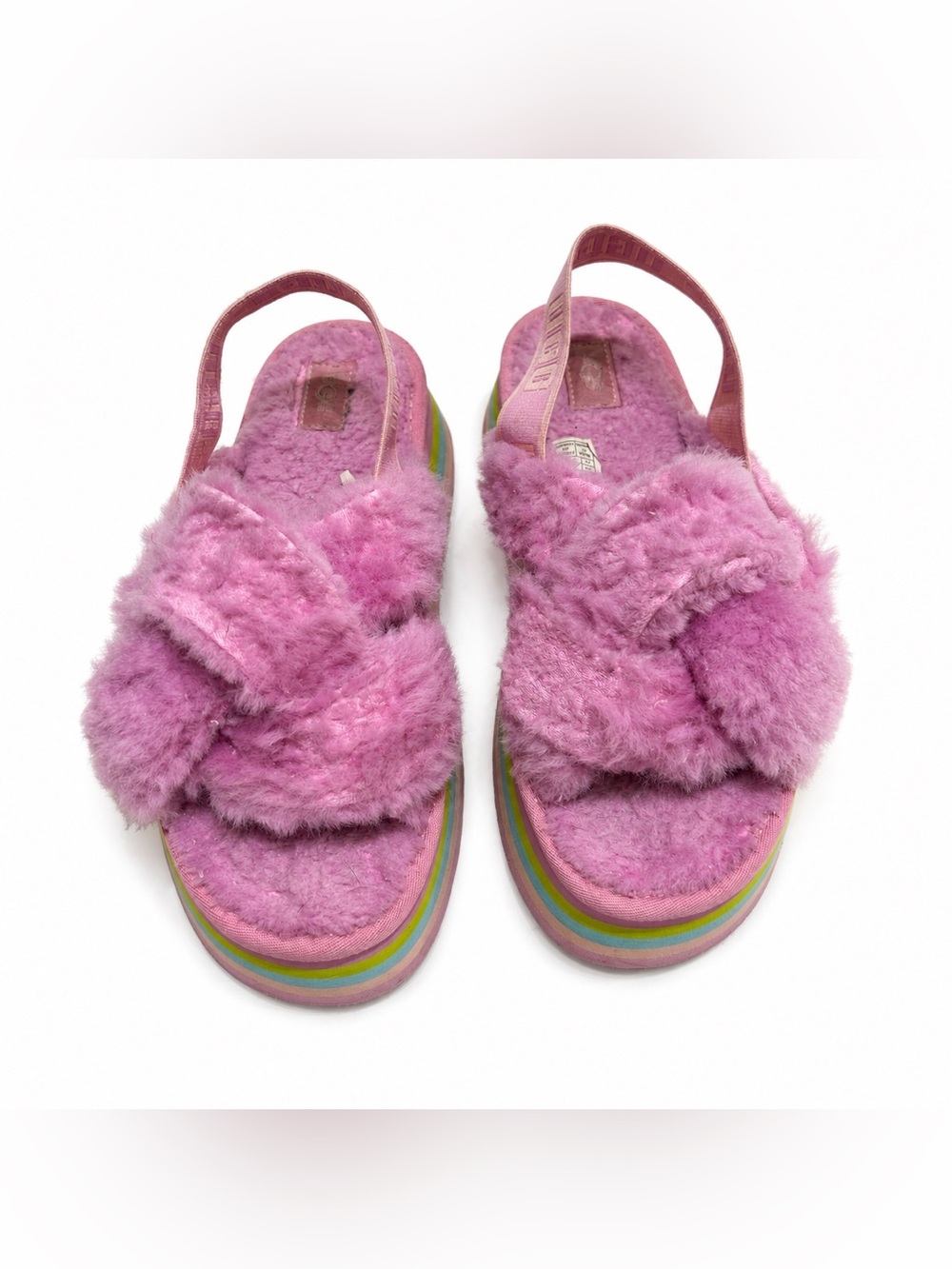 UGG Women’s SZ 9 Pink Fluffy Platform Slingback Sandals Rainbow Sole Cozy Slides